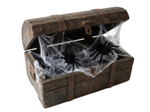 Old wooden treasure chest with cobwebs and spiders isolated on transparent background