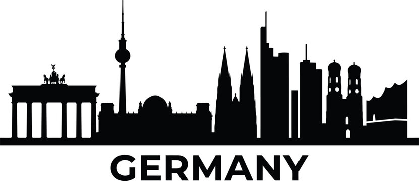 Black silhouette skyline of famous german city landmarks featuring berlin and frankfurt architecture on a light background