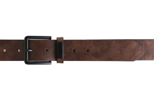 Brown textured men leather belt with black rectangular metal buckle on white background.