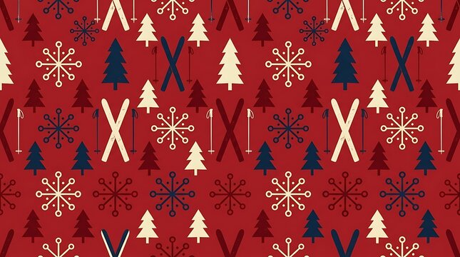 Seamless winter skiing pattern with pine trees and snowflakes