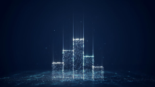 Digital data graph composed of particles ascending during a conceptual finance presentation