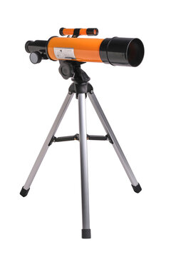 Small orange and black amateur telescope on silver tripod isolated on white background.