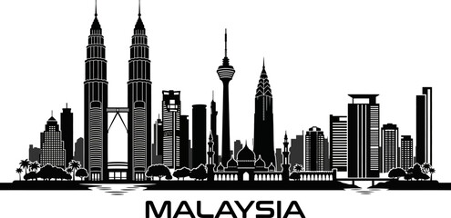 Fototapeta premium Detailed silhouette of the kuala lumpur city skyline featuring iconic buildings and landmarks against a soft gradient background
