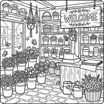Detailed black and white coloring page featuring a cozy flower shop interior with potted plants and welcome sign