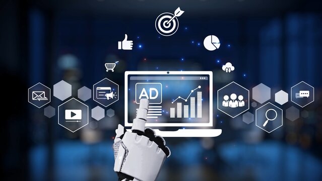 A captivating image of a robotic hand interacting with digital marketing icons on a laptop screen, symbolizing the merging of technology and data analytics in modern business strategies. Synapse