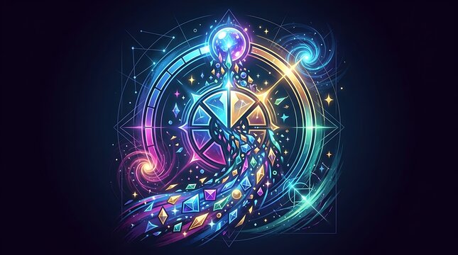 Glowing mystical celestial wheel with crystals and star patterns