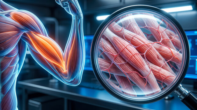 Detailed 3D illustration of human bicep muscle fibers under magnified inspection in medical laboratory setting