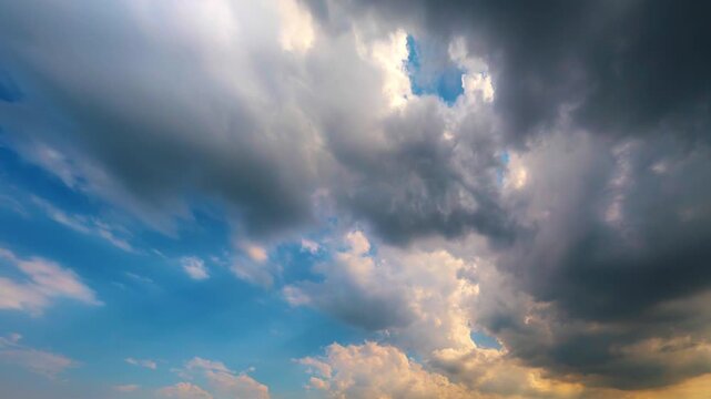 Timelapse of dramatic blue sky with fast-moving clouds and sunbeams breaking through. Cinematic golden hour sunlight rays streaming through cloudscape, natural background.