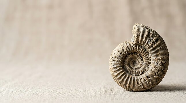 Ancient ammonite fossil shell on neutral textured background
