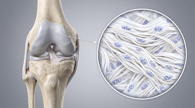 Detailed 3D illustration of human knee joint with microscopic view of tendon fibers and cells