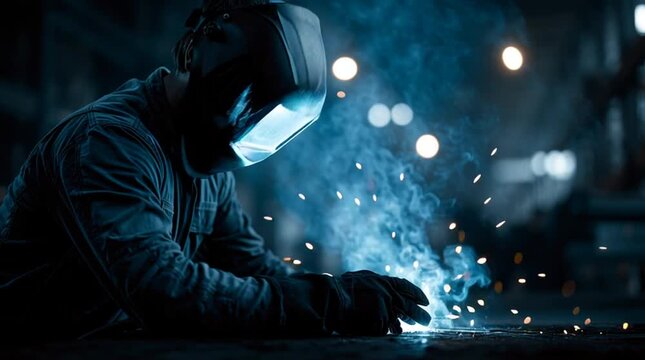 Experienced industrial welder working inside a shipyard as a brilliant blue welding arc illuminates protective gear and towering steel structures. Realistic heavy industry scene with authentic craftsm
