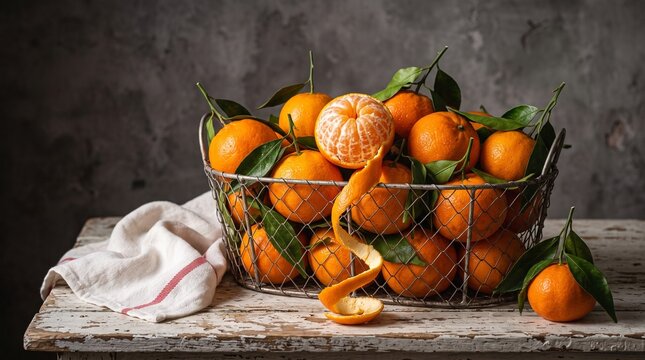 Close-up of fresh organic mandarins with leaves in a vintage metal basket
