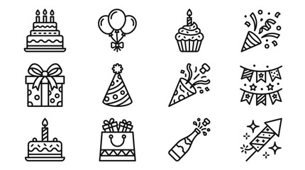 Fototapeta premium Birthday Celebration Icons Set: Cake, Balloons, Gift, Party Hat, Confetti, Cupcake