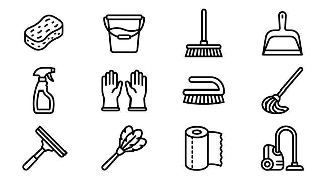 Cleaning Supplies Icon Set: Sponge, Bucket, Broom, Dustpan, Gloves, Mop, Vacuum
