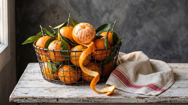 Wire basket full of fresh ripe mandarins with green leaves on rustic background
