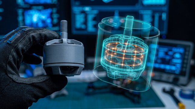 Engineer inspecting 3D-rendered drone motor components in high-tech workshop environment