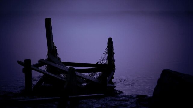 Ghost ship skeleton silhouetted against dusk, broken timbers jutting from calm water, violet and indigo tones, cinematic grain, melancholic mood suited