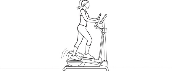 woman is intensely working out on elliptical machine, maintaining upright stance, cardio endurance and fitness workout.one line drawing © Hossen