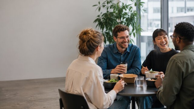 Colleagues sharing lunch in a modern office break room