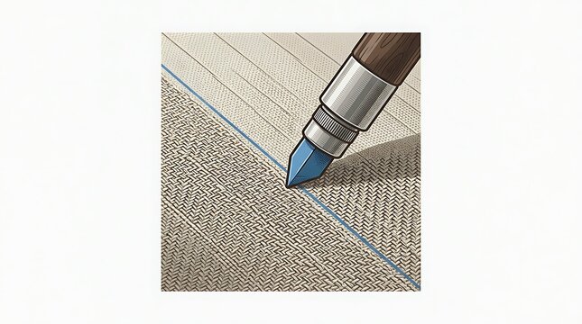Blue marking tool drawing a line on textured fabric