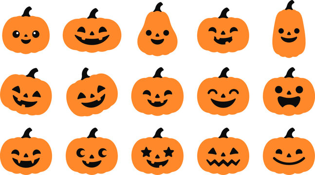 Set of cute hand drawn pumpkins with various funny facial expressions for halloween holiday design elements