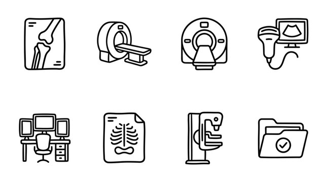 Medical Imaging Icons: X-ray, MRI, CT Scan, Ultrasound, Mammography, Desk, Folder