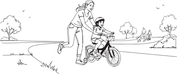 Fototapeta premium woman mother helping kid on a bicycle. Parent guiding daughter during an outdoor bike lesson for family bonding.one line drawing