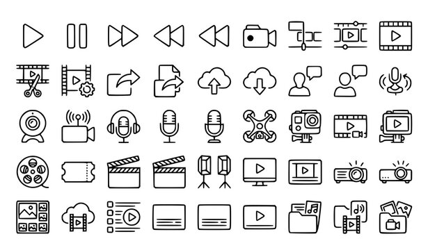 Video Editing and Content Creator Outline Icons Collection Editable Stroke Vector Set