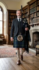 Obraz premium Mature Scottish bagpiper in traditional green tartan kilt. Man holding bagpipes in a classic library room with bookshelves