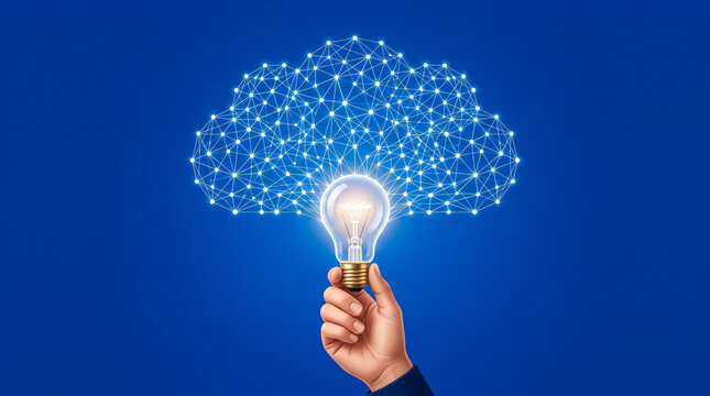 Hand holding illuminated light bulb with futuristic brain network design symbolizing innovation and technology