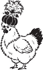 Fototapeta premium Line art chicken with pumpkin hat and feathers vector illustration for seasonal branding and autumn farm market design concepts.