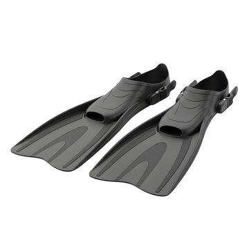 Black adjustable diving flippers isolated on transparent background for professional scuba diving.