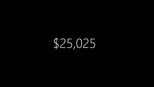 100k dollar number counting animation. Counting money and digits increasing 4k animation with alpha channel on transparent background