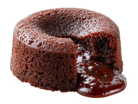 Molten lava cake with a soft chocolate shell and rich flowing chocolate center, isolated on a white background.