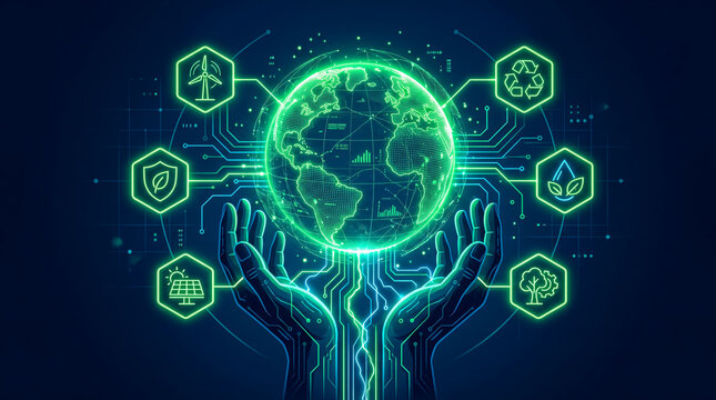 Hands holding digital globe surrounded by futuristic sustainability icons connected by circuit lines