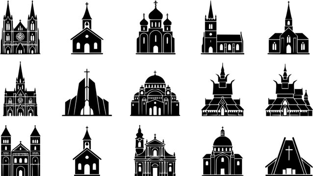 Church & Cathedral silhouette icon set, flat black glyph style, pure white background