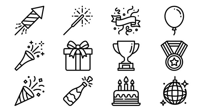 Celebration Icons Set: Fireworks, Gifts, Trophy, Cake, Balloon, Disco Ball, Party Poppers