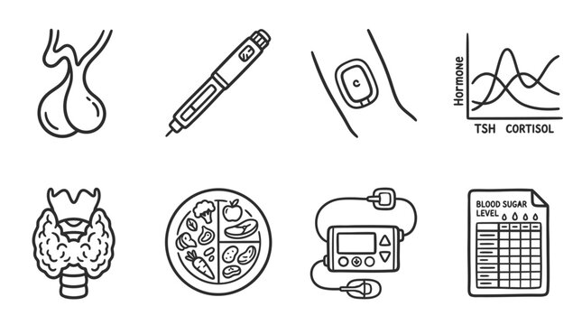 Endocrinology Icons: Hormones, Diabetes Care, Thyroid, and Health Monitoring