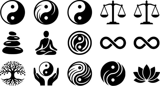 Yin Yang & Balance silhouette icon set, flat black glyph style, pure white background