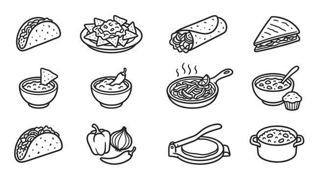 Mexican Food Icons: Tacos, Nachos, Burrito, Quesadilla, Guacamole, Chili, Fajitas, Beans