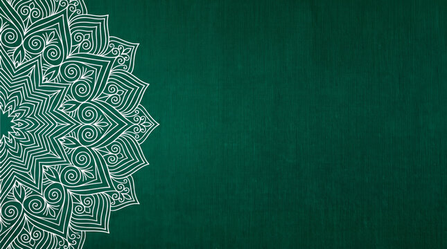 Intricate mandala design pattern on deep green textured canvas background for artistic and spiritual decor