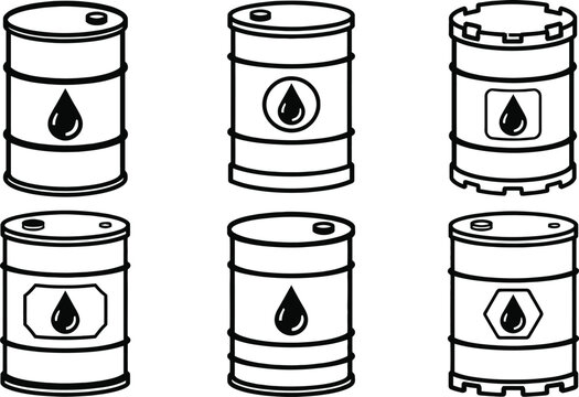 Six different oil drum icons with hazard liquid symbol designs