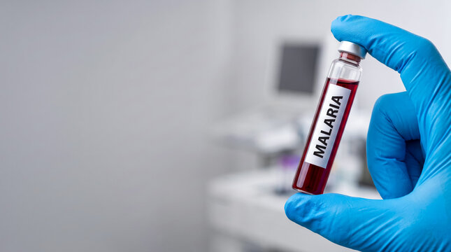 Medical professional holding malaria diagnostic test tube in laboratory setting