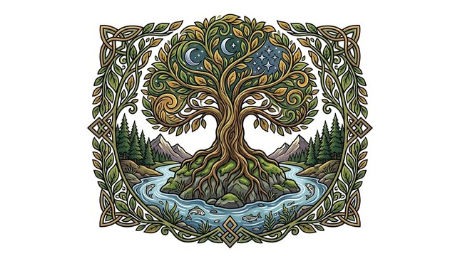 Majestic celtic tree of life with river and mountains in nature