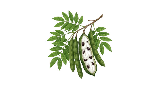 Hand drawn illustration of a Senna pod branch with green leaves and open fruit.