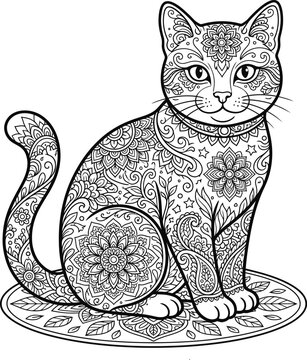 Detailed black and white line art illustration of a sitting cat with intricate mandala and paisley patterns