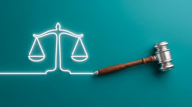 Modern illustration of justice symbol featuring gavel and balanced scales on teal background