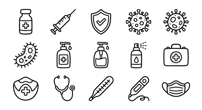 Medical Icons Set: Virus, Vaccine, Syringe, Stethoscope, Mask, Hand Sanitizer