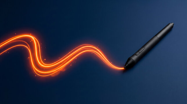 Modern stylus pen creating dynamic neon light trail against dark background for digital design inspiration