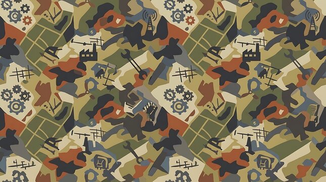 Seamless camouflage pattern with industrial gears and tools